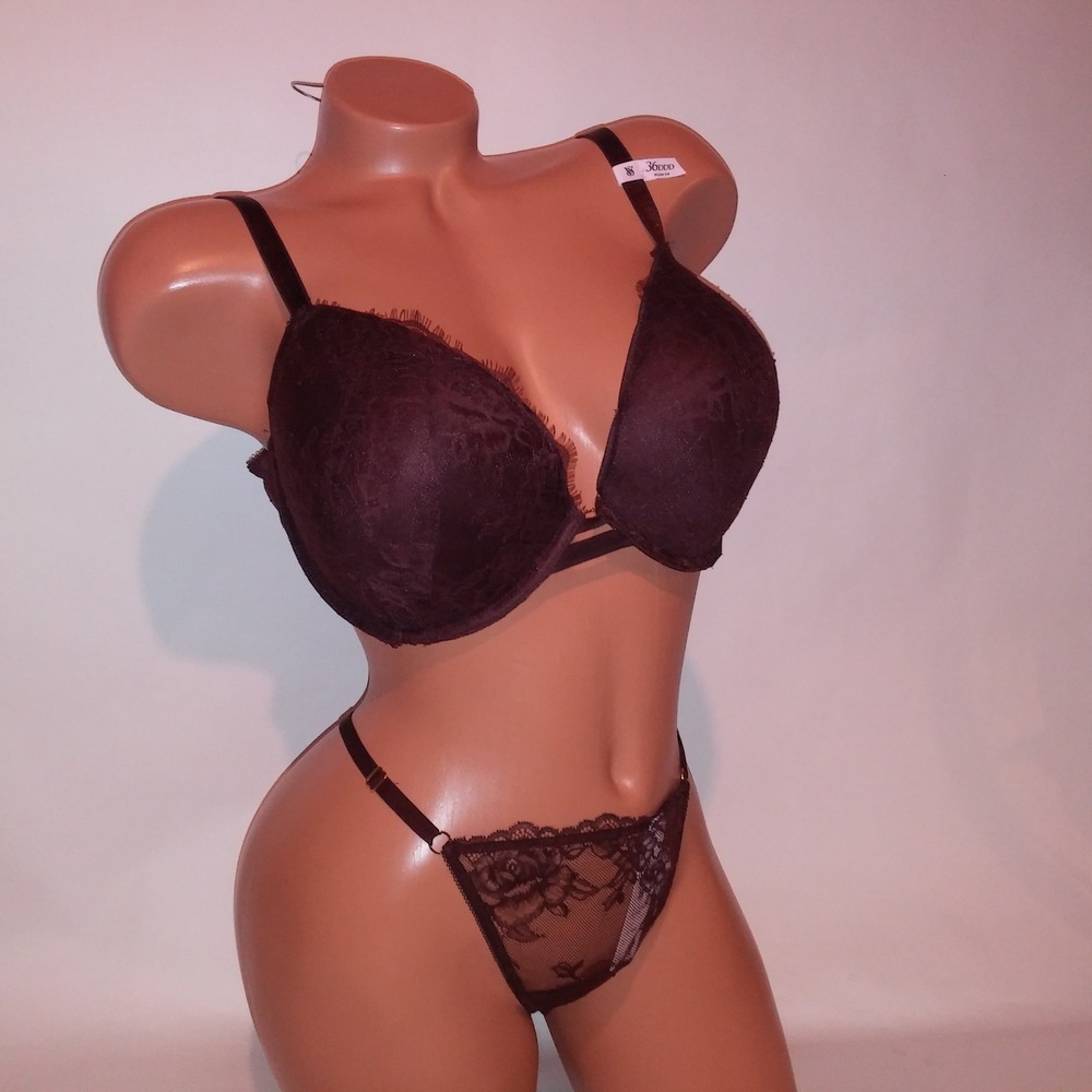 Victoria Secret Bra Set 36DDD Push Up Medium Thong Panty Brown Lace V String New